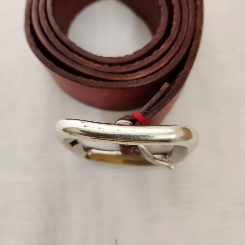 Men's Genuine Leather Belt Size S-32 Reddish Brown Black Edging Silver Buckle